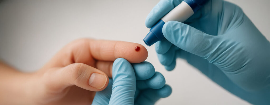 Kapillarblutentnahme durch Fingerstich zur schnellen Blutuntersuchung beim Patienten