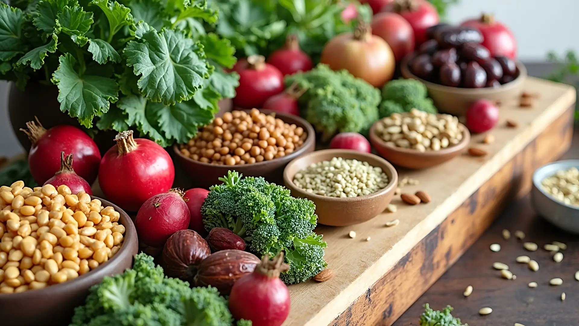 Assorted iron-rich foods to eat, including pomegranates, leafy greens, legumes, broccoli, seeds, and berries to prevent iron deficiency