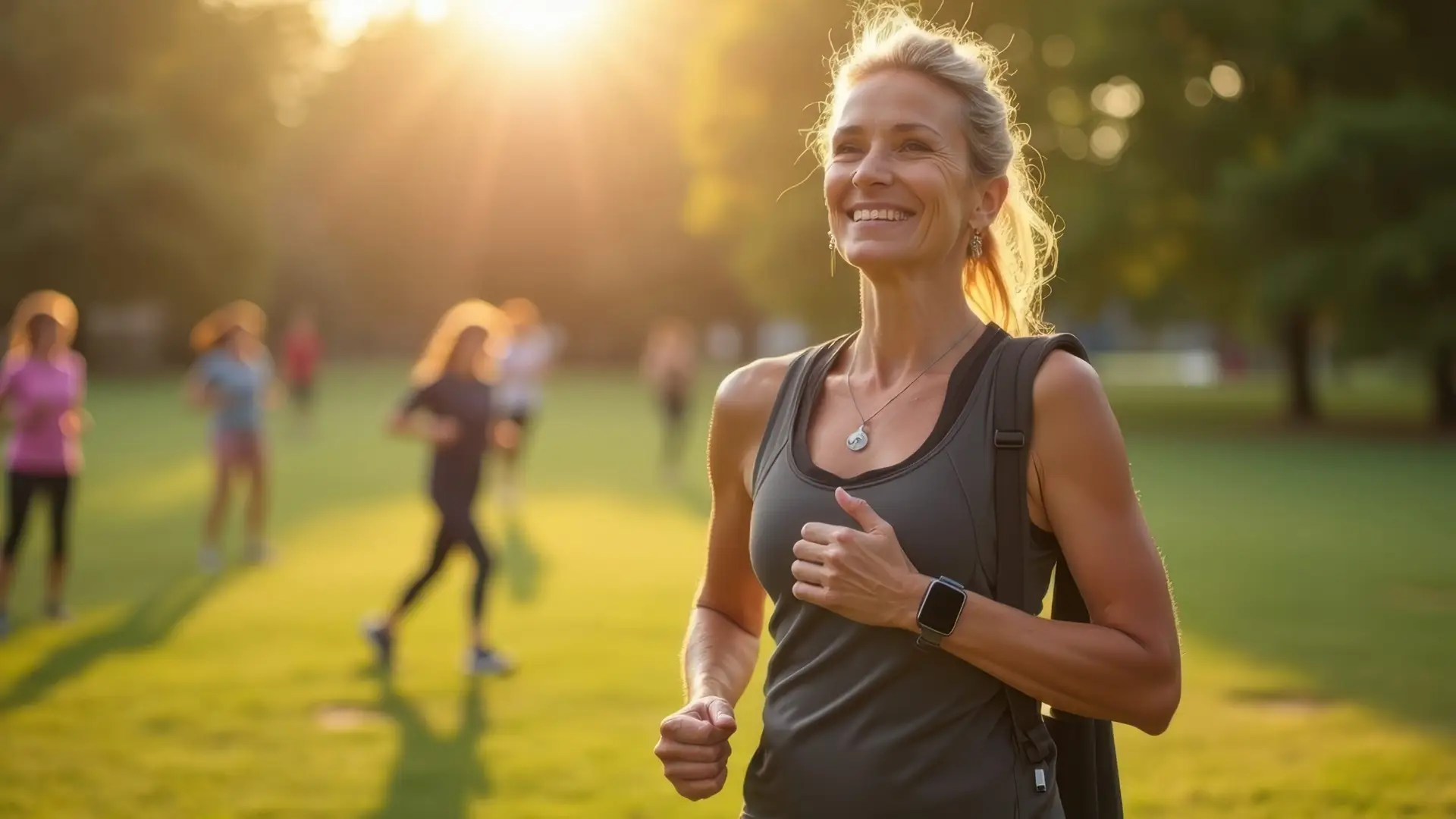 Middle-aged woman jogging in the morning to stay active, reduce inflammation, and maintain healthy CRP levels