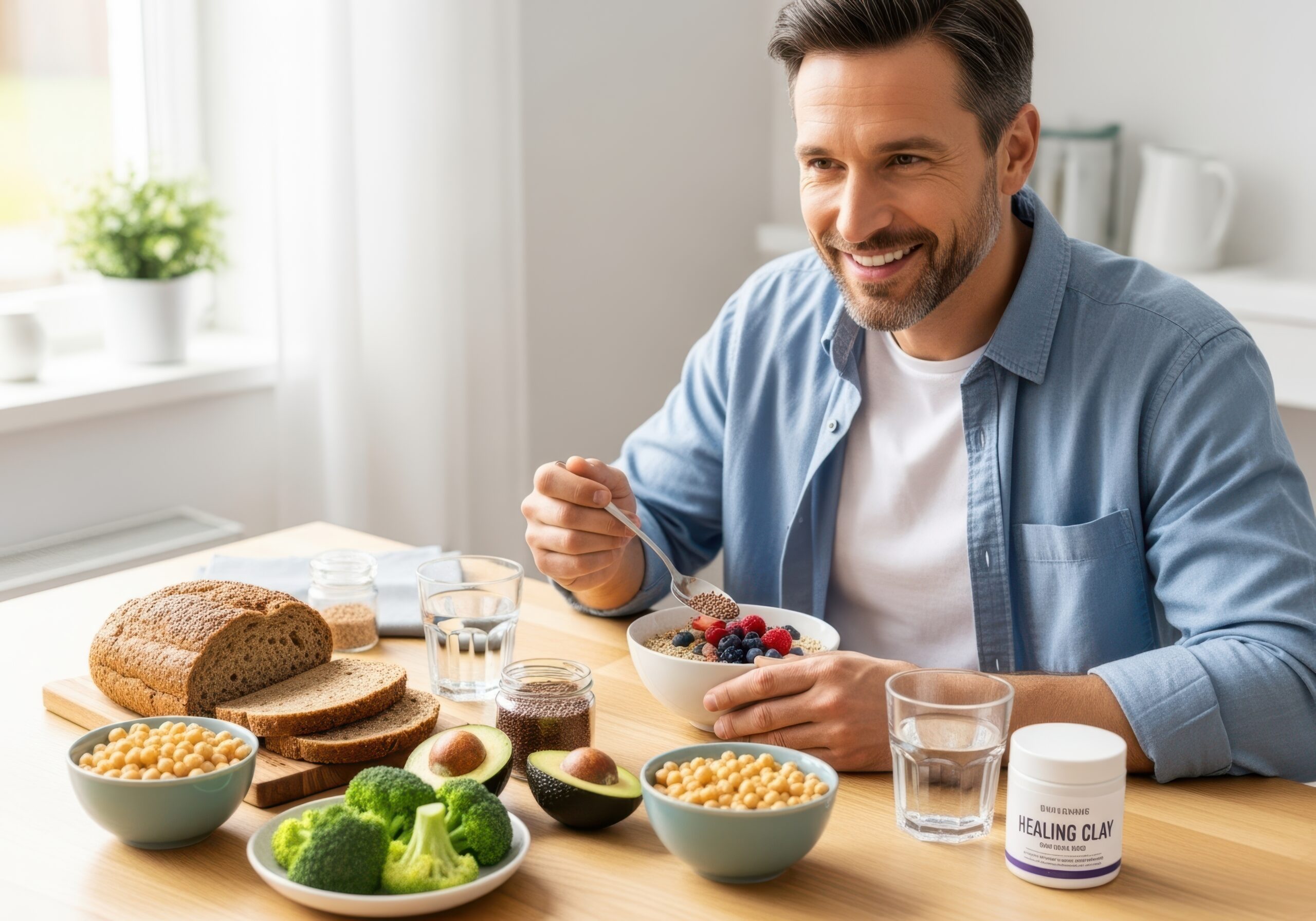 Mann isst gesundes Essen mit Vollkornbrot, ballaststoffreichen Lebensmitteln wie Hafer, Obst, Gemüse, Hülsenfrüchten, rotem Reis und Heilerde zur Senkung des Cholesterinspiegels.