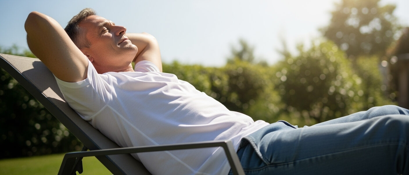 Mann sitzt auf einem Stuhl und entspannt in der Sonne, da Sonnenlicht eine der besten natürlichen Quellen für Vitamin D ist.
