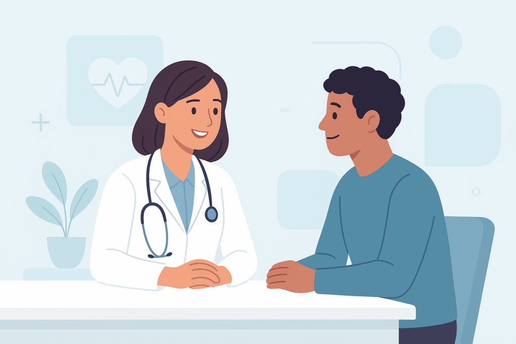 Arzt erklärt einem Patienten die NT-proBNP-Bluttestergebnisse zur Früherkennung von Herzschwäche